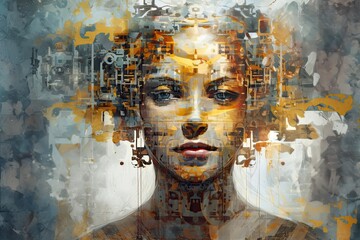 Artificial Intelligence, futuristic illustration of AI represented by a female hybrid technology interface, machine learning