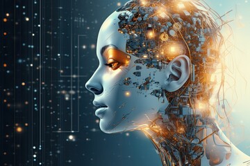 Artificial Intelligence, futuristic illustration of AI represented by a female hybrid technology interface, machine learning