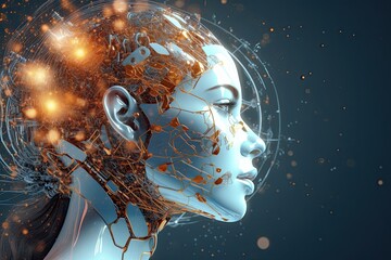 Artificial Intelligence, futuristic illustration of AI represented by a female hybrid technology interface, machine learning