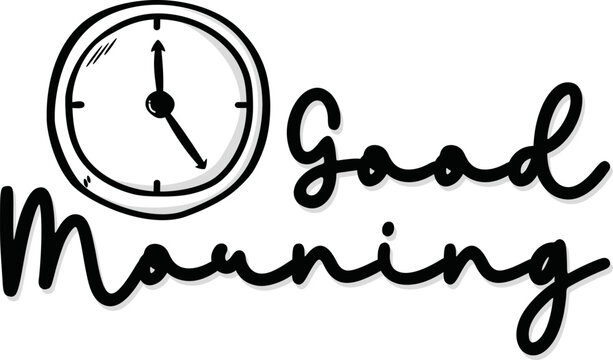 Lettering Good morning. Letters with Wake up on alarm clock. Hand drawn vector illustration isolated on white background.