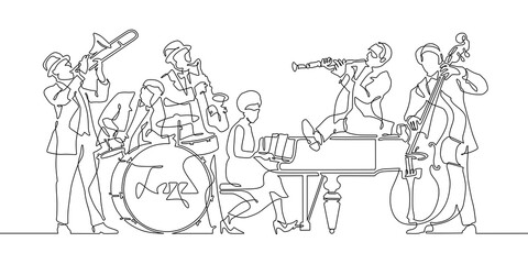 Continuous line drawing of music jazz band. People with classical music instruments. Jazz group player minimalism design © Somkiat