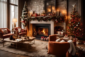 Fototapeta na wymiar A cozy living room with a crackling fireplace, adorned with Christmas decorations and a table set for your produc