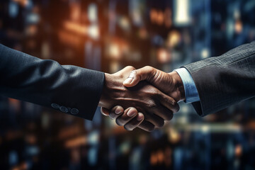 Partnership. Two businessman shaking hand with city background, communication technology. Business finance and networking concept - obrazy, fototapety, plakaty