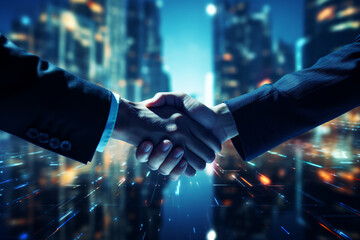 Partnership. Two businessman shaking hand with city background, communication technology. Business finance and networking concept