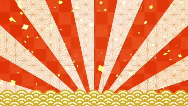 金箔が舞い雲海が描かれた紅白のおめでたいお正月背景に放射状に広がる光のアニメーション　ループ可能