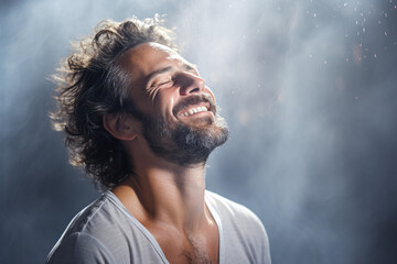 Young man smiling with eyes closed and head tilted up. Breathing deeply and feeling the light that touches his face. Chiaroscuro lighting. Pleasant calm on his face. On a background with steam.