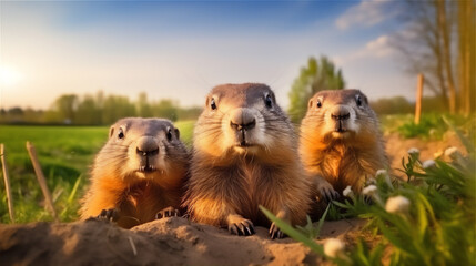 cute Groundhogs family standing in a meadow, long shot view, wide view, sunlight