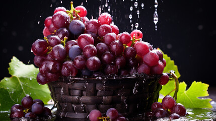 grape vines in basket, water spash , white background