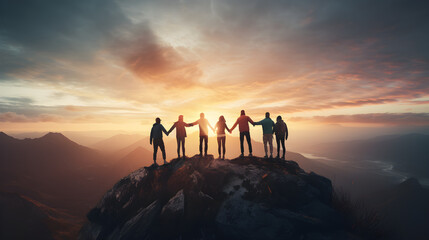 Fototapeta premium Friends holding hands close to the mountain top, illustrating the concept of teamwork,