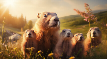 cute Groundhogs family standing in a meadow, long shot view, wide view, sunlight - obrazy, fototapety, plakaty