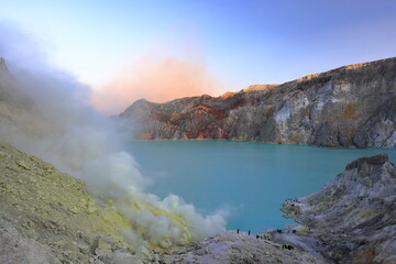 Kawah Ijen volcano (sulfur mine) at Ijen Geopark in the east Java Island, Indonesia 