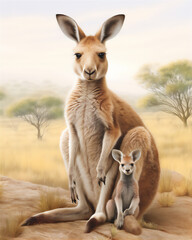Naklejka na ściany i meble Kangaroo family with nature background