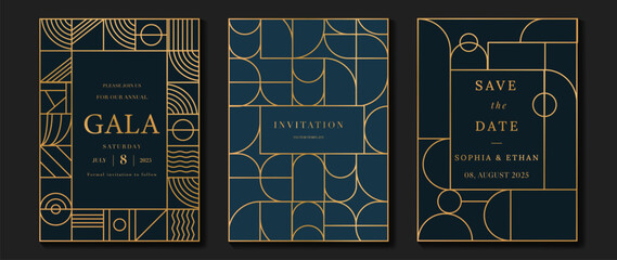 Luxury invitation card background vector. Elegant classic antique design, gold lines gradient on dark blue background. Premium design illustration for gala card, grand opening, art deco. - obrazy, fototapety, plakaty