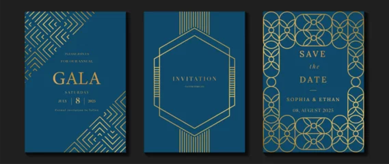 Tuinposter Luxury invitation card background vector. Elegant classic antique design, gold lines gradient on blue background. Premium design illustration for gala card, grand opening, art deco. © TWINS DESIGN STUDIO