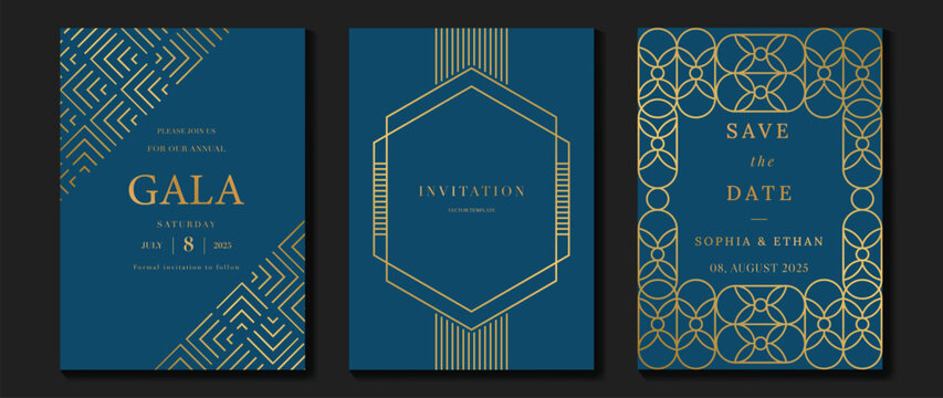 Naklejki Luxury invitation card background vector. Elegant classic antique design, gold lines gradient on blue background. Premium design illustration for gala card, grand opening, art deco.