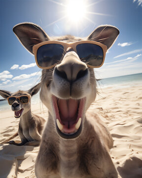 wefie of Kangaroo family on a beach, happy face, wide smile