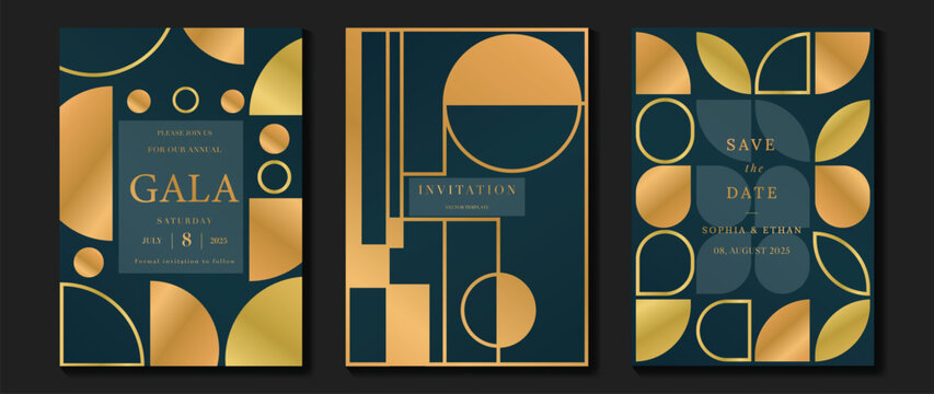 Naklejki Luxury invitation card background vector. Elegant classic antique design, gold geometric shape gradient on dark blue background. Premium design illustration for gala card, grand opening, art deco.