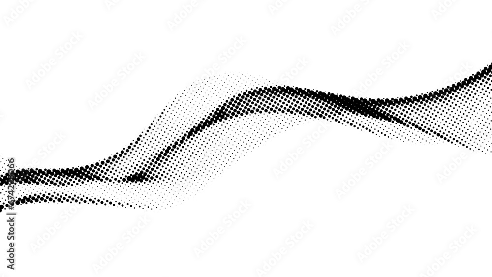 Poster halftone wave background. dotted flowing shape wallpaper. abstract wavy fluid texture. black and whi