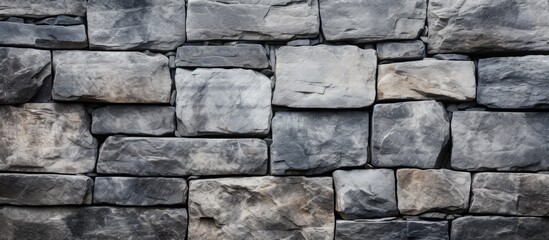 Close up of a textured stone wall serving as a background with the focus being on a gray stone fence