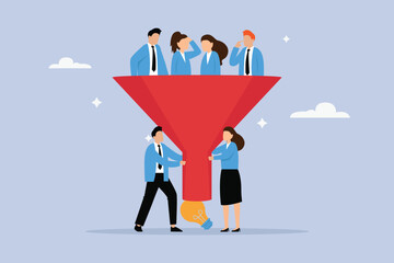 Business managers with funnel or filter to get idea from workers 2D flat vector concept for banner, website, illustration, landing page, flyer, etc - obrazy, fototapety, plakaty