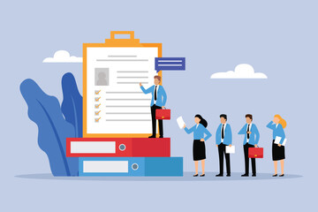 Business people with online recruitment application queue 2D flat vector concept for banner, website, illustration, landing page, flyer, etc - obrazy, fototapety, plakaty
