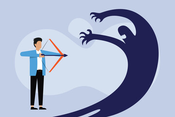Businessman Aiming bow with arrow to his own monster shadow 2D flat vector concept for banner, website, illustration, landing page, flyer, etc