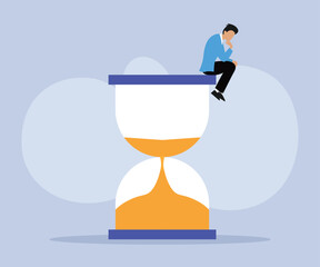 Stressed businessman sitting and thinking on hourglass. Wasting time 2D flat vector concept for banner, website, illustration, landing page, flyer, etc