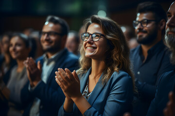 Businesswoman attendee clapping after a motivational keynote speech. Young woman sitting in a crowded audience at a business conference. Generative Ai, illustration - obrazy, fototapety, plakaty