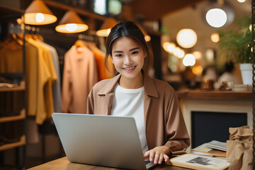 Smiling young Asian woman entrepreneur working on laptop. Happy salesperson takes online orders from customers. Online selling and e-commerce concept. Generative Ai