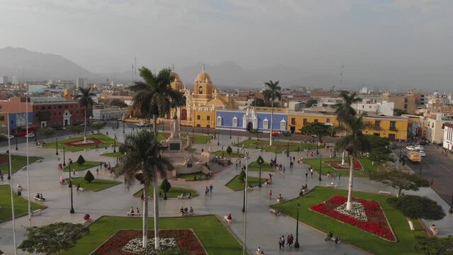 Aerial view of the Trujillo cathedral church and the main square of the city. 
