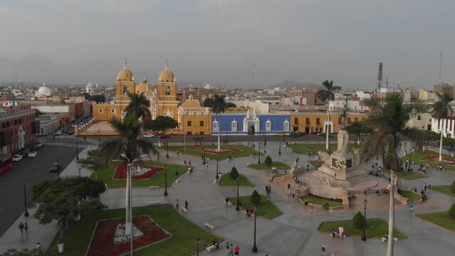 Aerial view of the Trujillo cathedral church and the main square of the city. 
