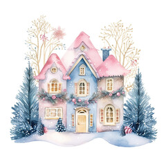 Watercolor Christmas Winter House Decorating