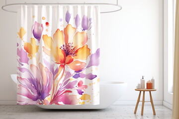 Shower and bathtub curtain with abstract flowers print. Modern bathroom indoor interior design concept image
