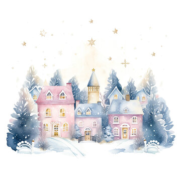 Watercolor Christmas Winter Village Decorating