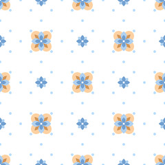 In this seamless pattern, large orange and blue flowers are arranged interspersed with blue flowers. It is decorated with small circular dots on light blue background, looking pretty, cute and sweet.