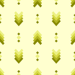 In this seamless pattern, green geometric shapes are stacked with gradients, beautifully interspersed against on light green background. Make it looks beautiful, outstanding, modern and unique.