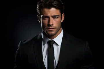 Attractive young businessman with a confident and hot model appearance, isolated on a black background,