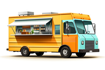 Food truck illustration isolated on white background. Automobile cafe or restaurant on wheels. Takeaway food and drinks. Generative Ai