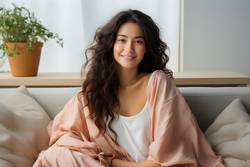 Happy Asian woman sitting on couch at home. Relaxation, wellbeing concept. Generative Ai