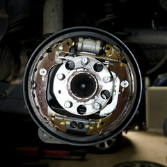 parts of a hydraulic parking drum brake and mechanism in detail under repair and cleaning in a...