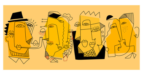 Abstract face portrait, lips, eyes, line art hand drawn vector illustration. Modern, geometric, decorative, ethnic artstic stylist art print.