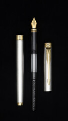parts of a luxury antique fountain pen assembled in pieces and isolated in a black background