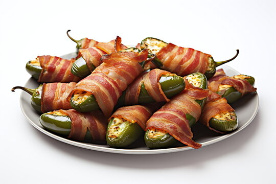 Jalapeno poppers wrapped in bacon and served on a platter. Close up of traditional Mexican party snack, isolated image