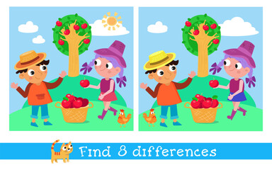 Obraz na płótnie Canvas Cute children farmers in fruit orchard. Find 8 differences. Educational puzzle game for children. Cartoon funny characters. Vector illustration for kids.