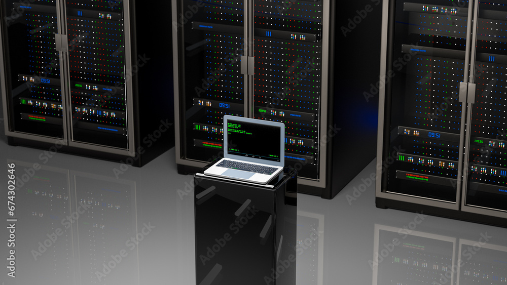 Poster server room. server data center. backup, mining, hosting, mainframe, farm and computer rack with sto