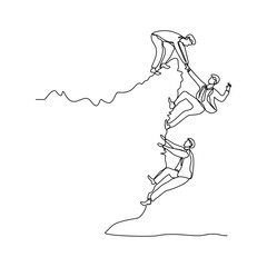 Continuous single line sketch drawing group of people man woman helping each other hike up a mountain. One line art business, success, leadership, achievement and goal  - obrazy, fototapety, plakaty