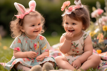two beautiful kids smiling happily sitting on the grass in the garden