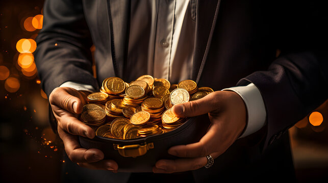 businessman holding a bag filled with gold coins, making it easy,
