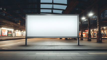 A big, blank showcase billboard or advertising light box for your text message or media content is available at the train station in the city, It is part of the commercial, marketing, and advertising  - obrazy, fototapety, plakaty