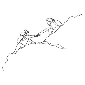 recommend clip art: Continuous single line sketch drawing group of people man woman helping each other hike up a mountain. One line art business, success, leadership, achievement and goal 